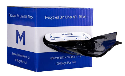 MattPack Recycled Bin Liner 80L Black, 800mm x 1000mm x 35mu - 100pk dispenser