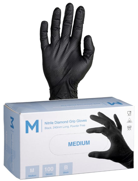 MattPack Nitrile Diamond Grip Gloves Powder Free - Black, 240mm Cuff, 9.0g