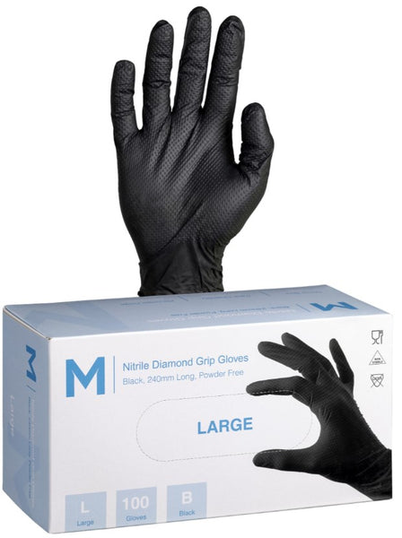 MattPack Nitrile Diamond Grip Gloves Powder Free - Black, 240mm Cuff, 9.0g