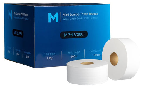 MattPack Mini Jumbo Toilet Tissue - White, 2 Ply, 200m (box of 12) - Reinol NZ Ltd.